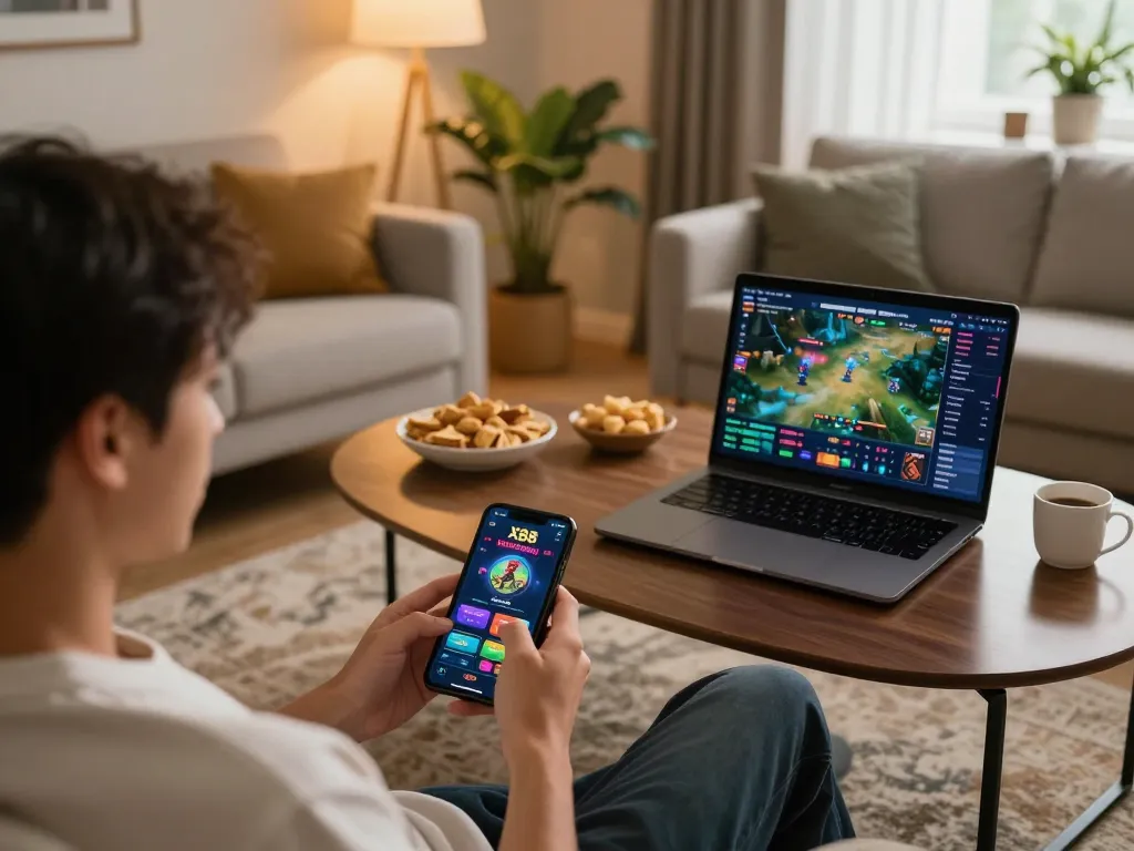 X88 user engaging with online casino app in a cozy home environment for strategic gameplay.