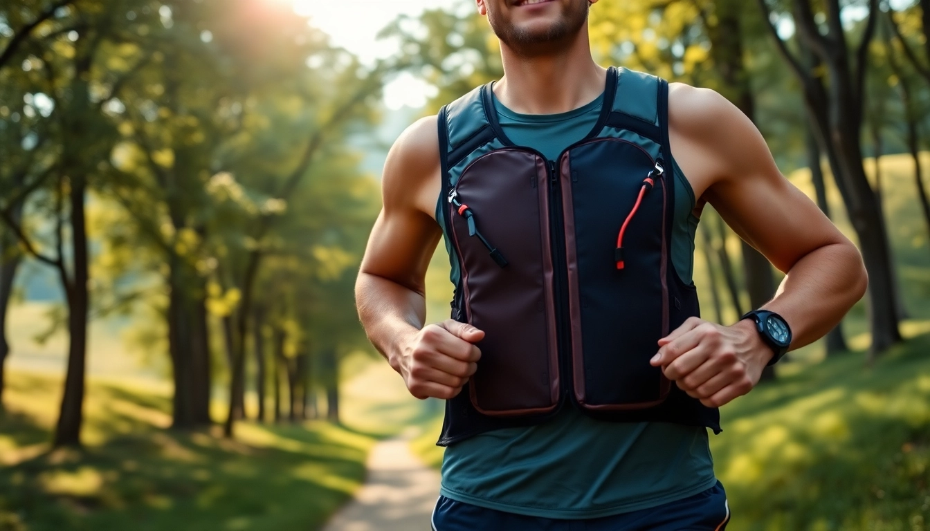 Runner in a hydration running vest enjoying a sunny outdoor trail run.