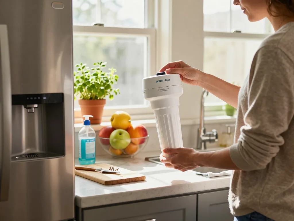A homeowner changes the AQUA CREST EDR3RXD1 Replacement for 4396841, Everydrop® Filter 3 in a sunny kitchen, emphasizing cleanliness and freshness.