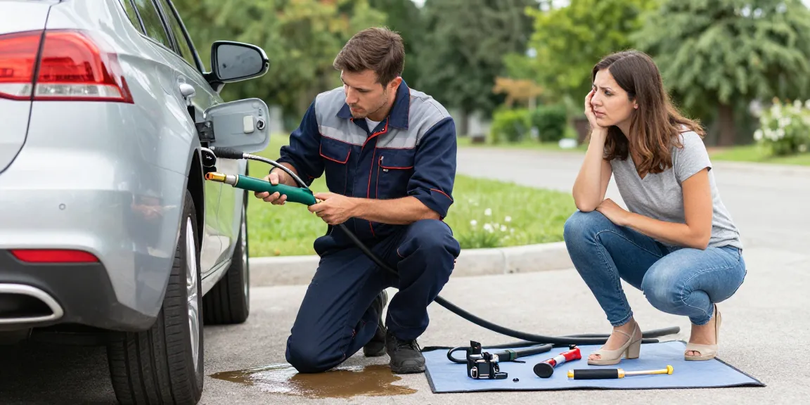 Technician draining Adblue in diesel car at roadside recovery service with professional equipment and relieved vehicle owner.