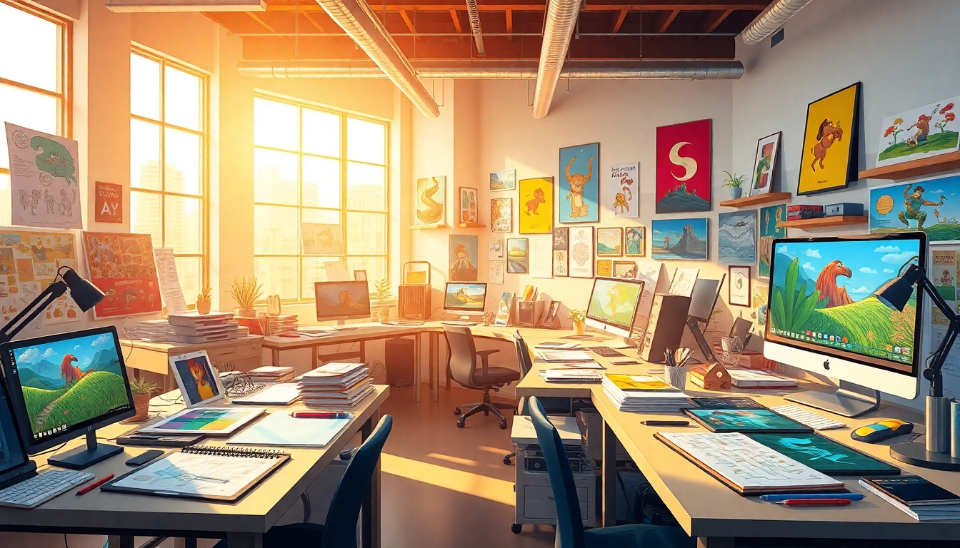 Animationsstudio mit kreativen Tools und inspirierenden Kunstwerken im hellen Raum.