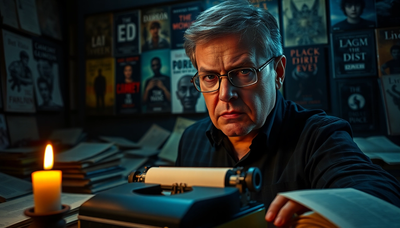 Thriller author contemplating under moody lighting with a vintage typewriter