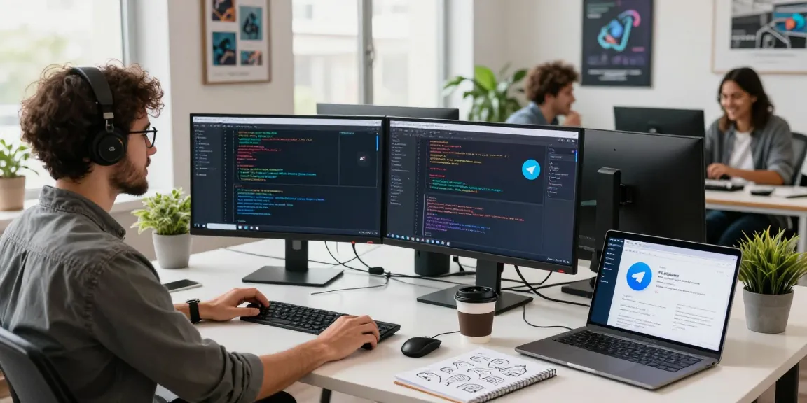 Developer working on telegram官网 application interface in a modern office