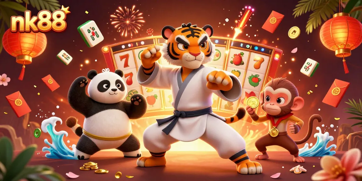 Experience the thrill of nk88 with exciting slot reels featuring a kung fu tiger master.