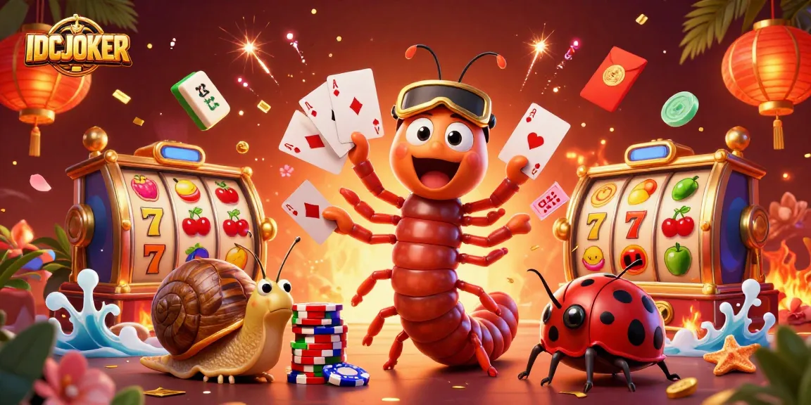 IDCJOKER game scene depicting cartoon characters flinging cards in a vibrant casino atmosphere with slot elements.