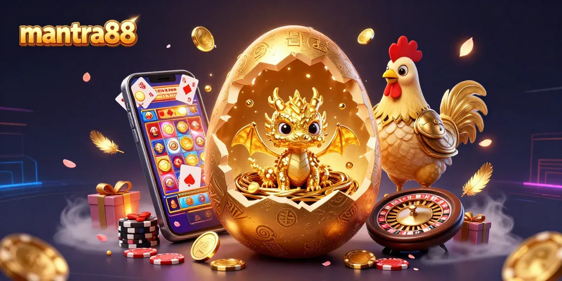 Win big with mantra88's vibrant slots highlighted by a golden dragon and poker chips.