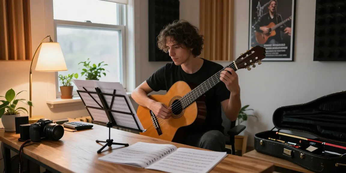 Engaging private classical guitar lessons environment showcasing aspiring guitarist in home studio.