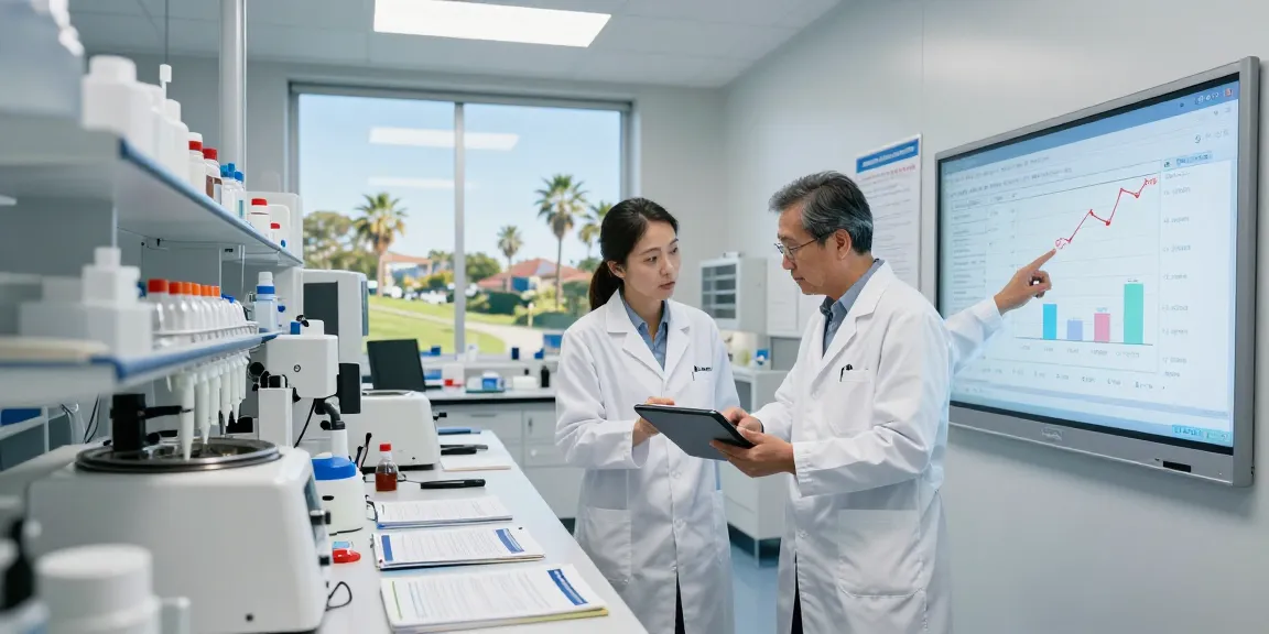 Tirzepatide research California in a modern lab with researchers discussing clinical data.