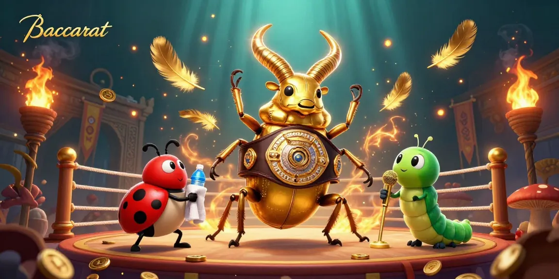 Baccarat game scene with a golden stag beetle boxer facing off, enriched with casino elements.