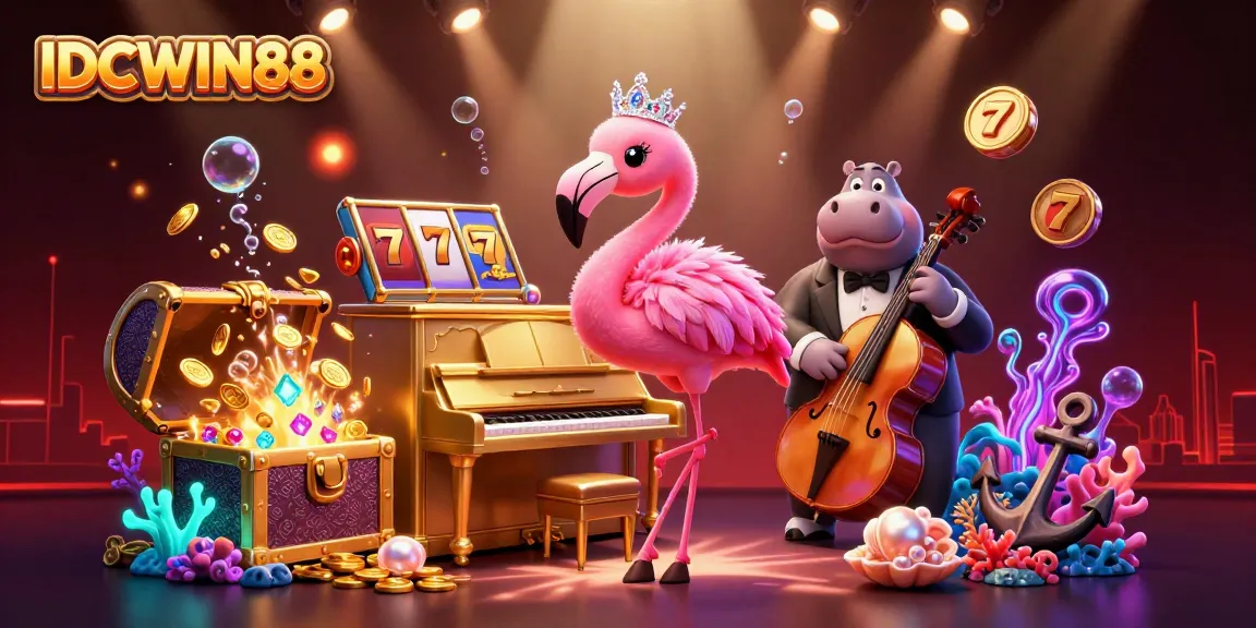 Experience IDCWIN88 with a vibrant casino illustration of a flamingo singer, hippo bassist, and slot reels.