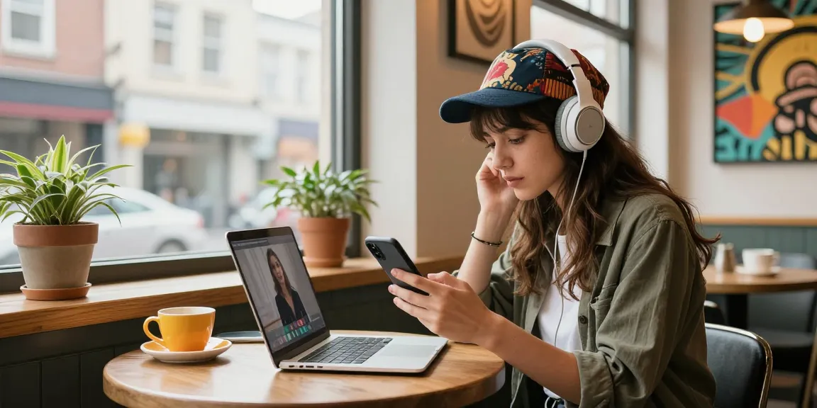 Gái gọi đang trò chuyện qua video trong quán cà phê hiện đại, phong cách trẻ trung.