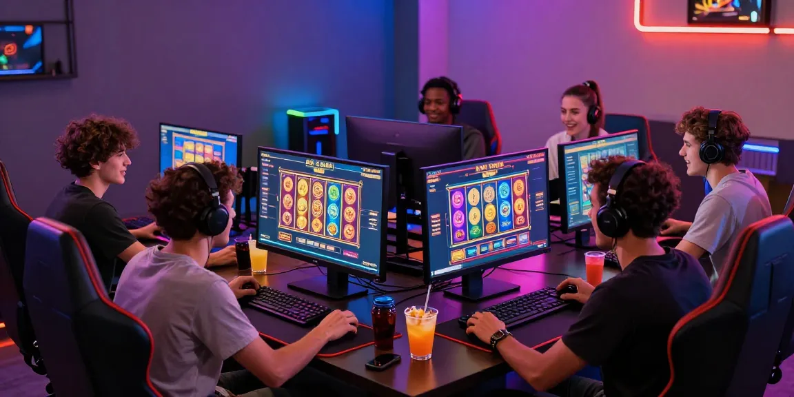 Friends enjoying slot online games on high-tech setup, vibrant gaming atmosphere.