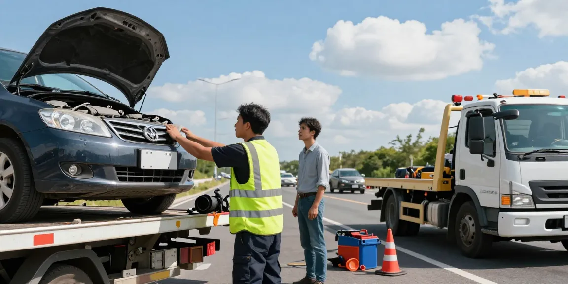 Towing service near me with a professional driver assisting a stranded motorist on a busy highway.