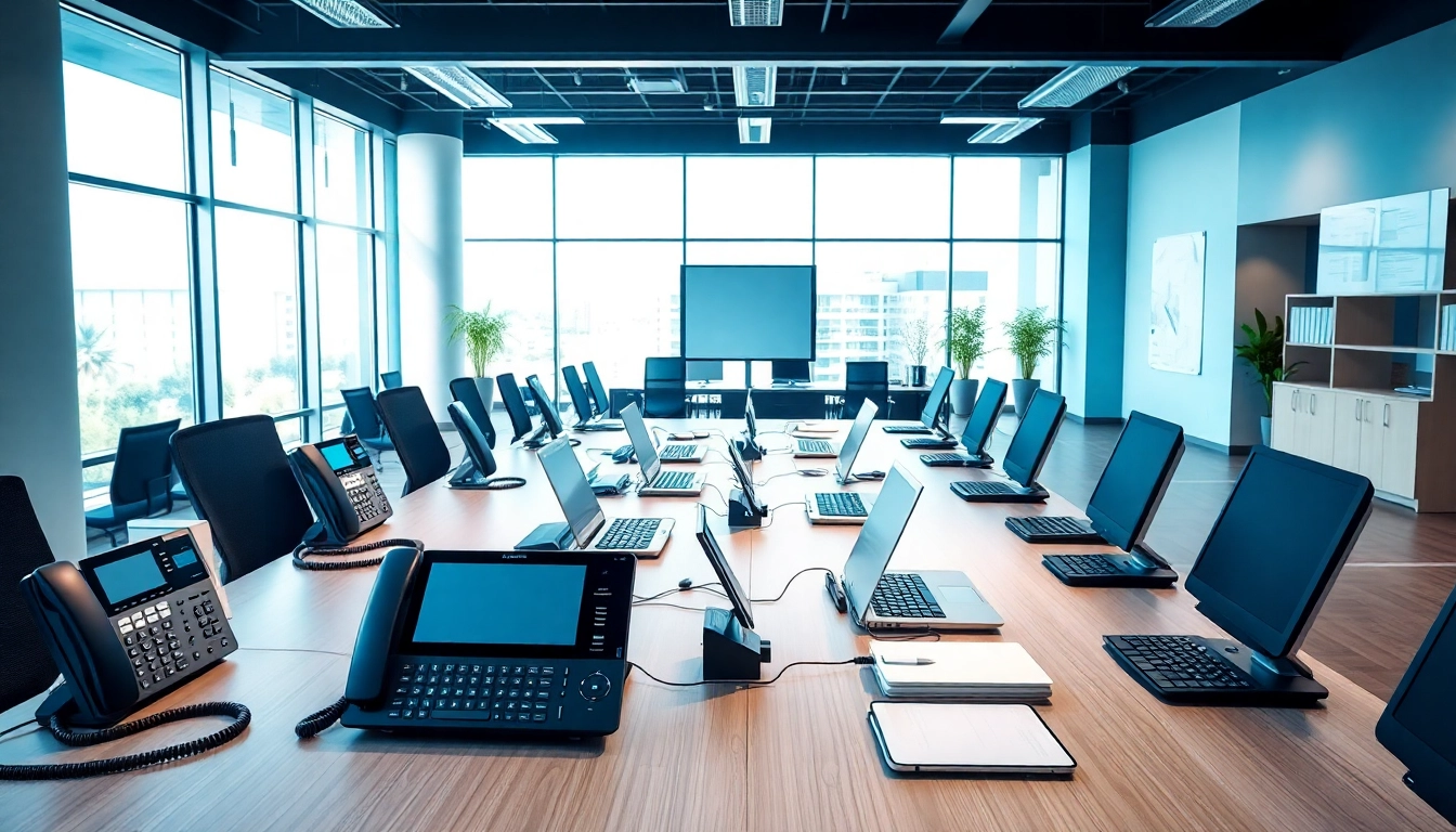Streamlined office showcasing business phone providers setup with modern devices and vibrant atmosphere.