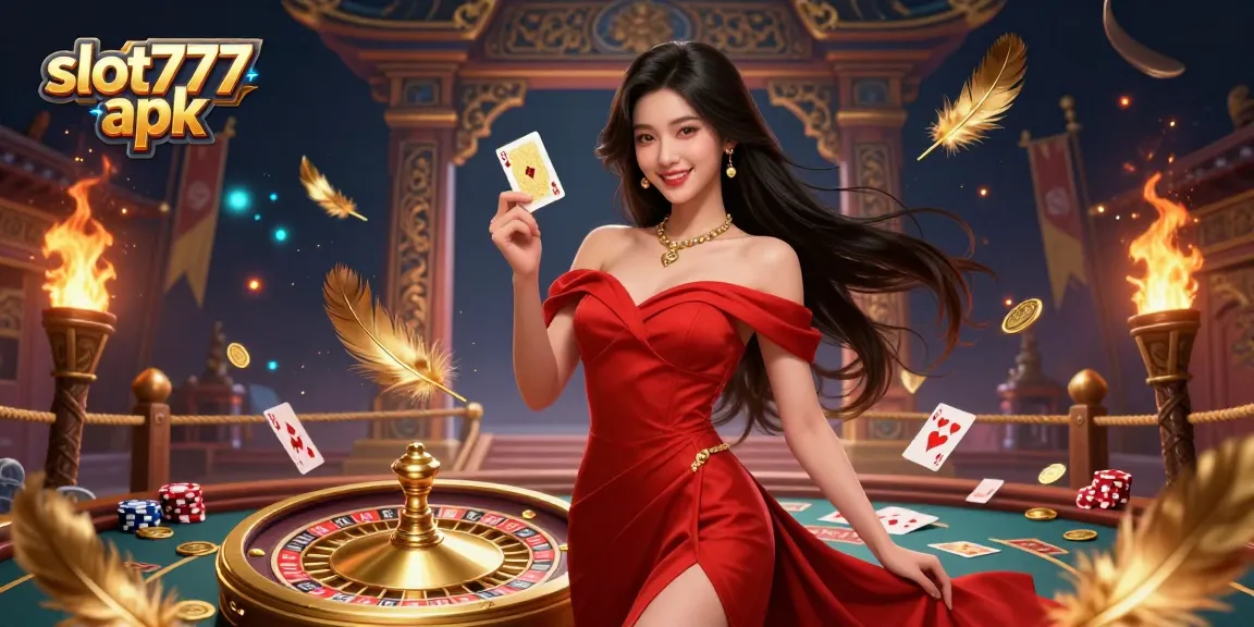 Play exciting slot777 apk with a beautiful young woman at a golden roulette wheel.