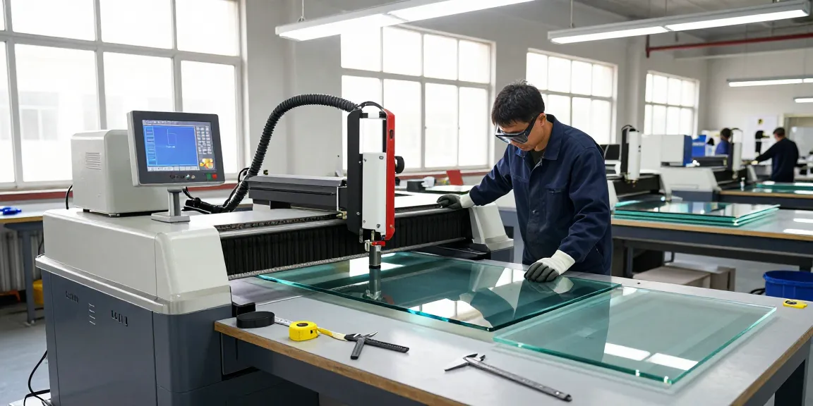 Technician operating a glass cutting machine in an industrial workshop