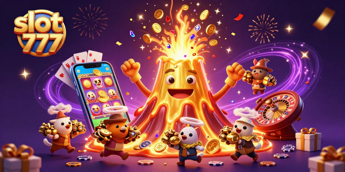 Experience the thrill of slot 777 with animated golden volcano, treasure animals, and vibrant casino elements.