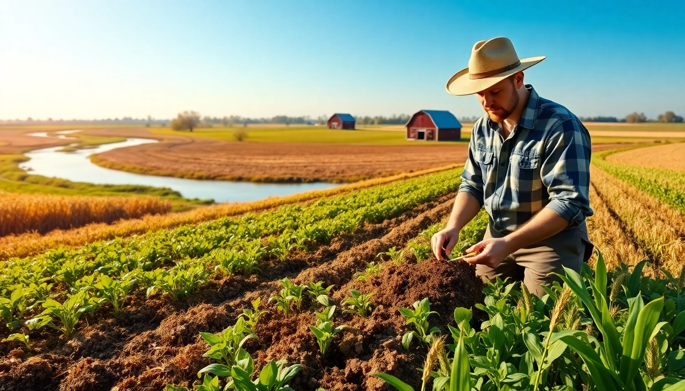Understanding agriculture law through a farmer analyzing soil in a vibrant landscape.