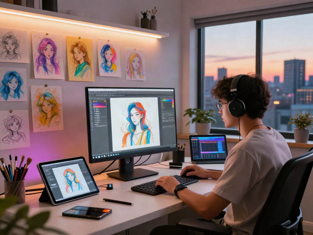 Creative digital artist designing nsfw ai content in a vibrant studio.