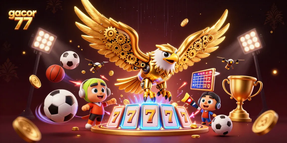 Gacor 77 menunjukkan elang emas cybernetic terbang di antara slot dan bola olahraga yang dinamis.