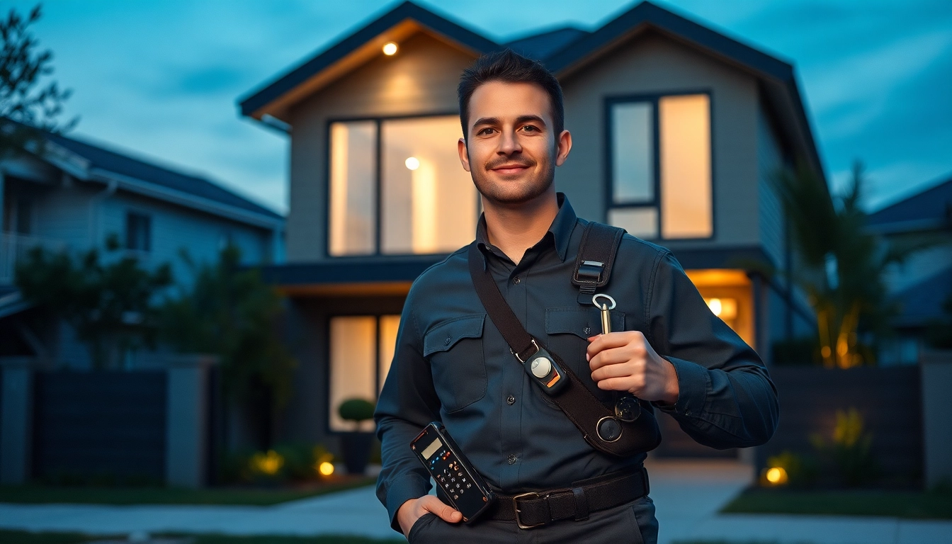 24h locksmith demonstrating advanced tools while standing outside a secure home, showcasing safety.