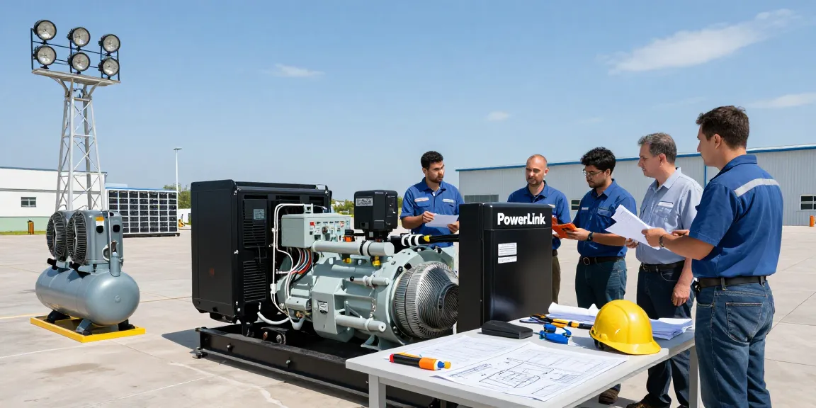 Technicians collaborating on PowerLink generators in a sunny industrial workspace, showcasing heavy engineering innovation.