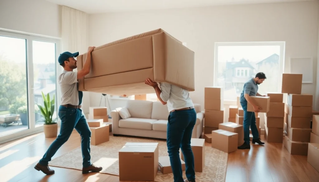 Busy Toronto moving company professionals packing and moving furniture in a bright room.