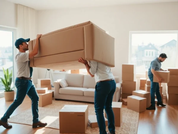 Busy Toronto moving company professionals packing and moving furniture in a bright room.