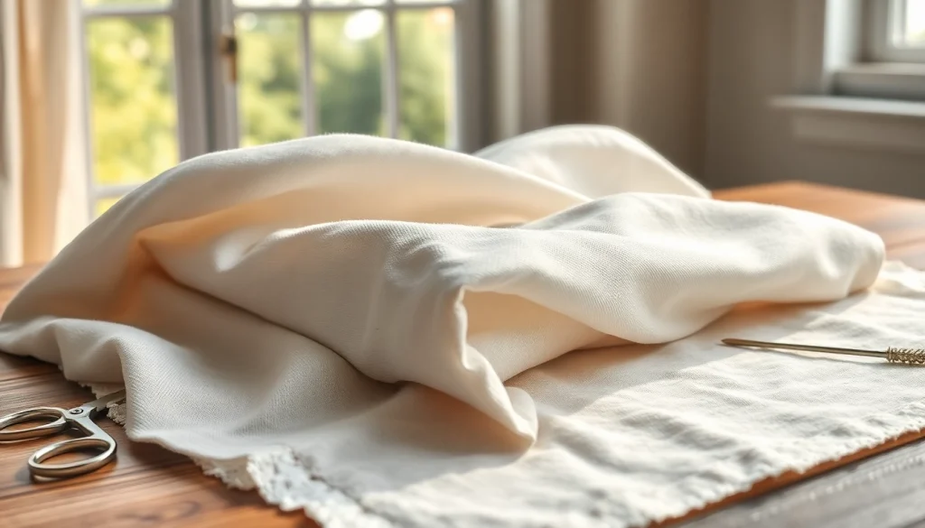 Een prachtige ongebleekt katoenen stof met natuurlijke vezels en textuur op een houten tafel.