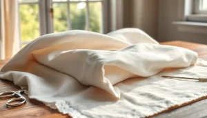 Een prachtige ongebleekt katoenen stof met natuurlijke vezels en textuur op een houten tafel.