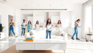 Professional cleaning service team efficiently organizing a beautiful home space.