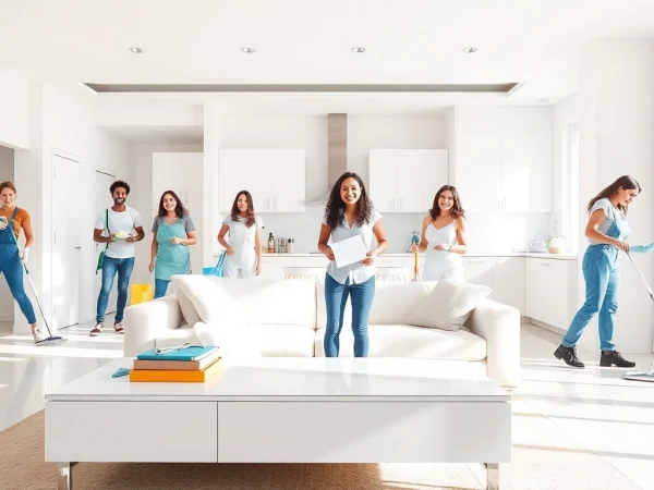 Professional cleaning service team efficiently organizing a beautiful home space.