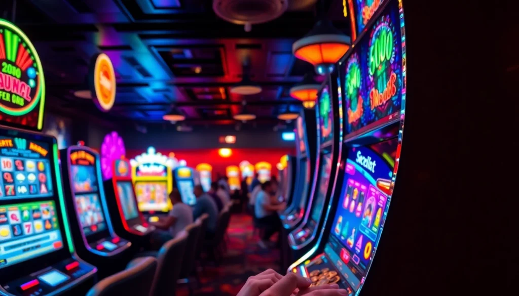 Slot machines menyuguhkan pengalaman bermain yang seru dengan cahaya cerah dan koin yang jatuh.