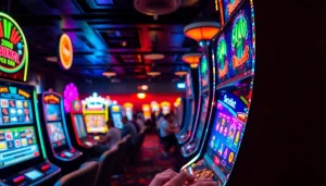 Slot machines menyuguhkan pengalaman bermain yang seru dengan cahaya cerah dan koin yang jatuh.