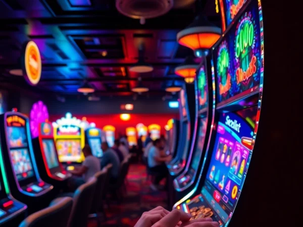 Slot machines menyuguhkan pengalaman bermain yang seru dengan cahaya cerah dan koin yang jatuh.