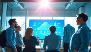 Team strategizing Cloud Migration Services in a modern workspace with digital displays.