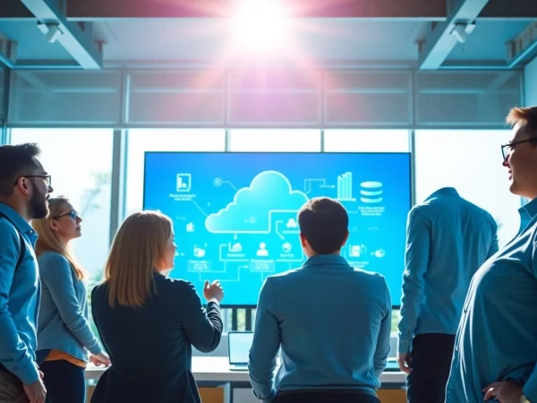Team strategizing Cloud Migration Services in a modern workspace with digital displays.