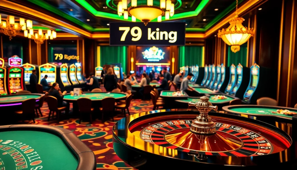 Thrilling scene of players at 79king casino tables, engaging in classic games like poker and roulette.