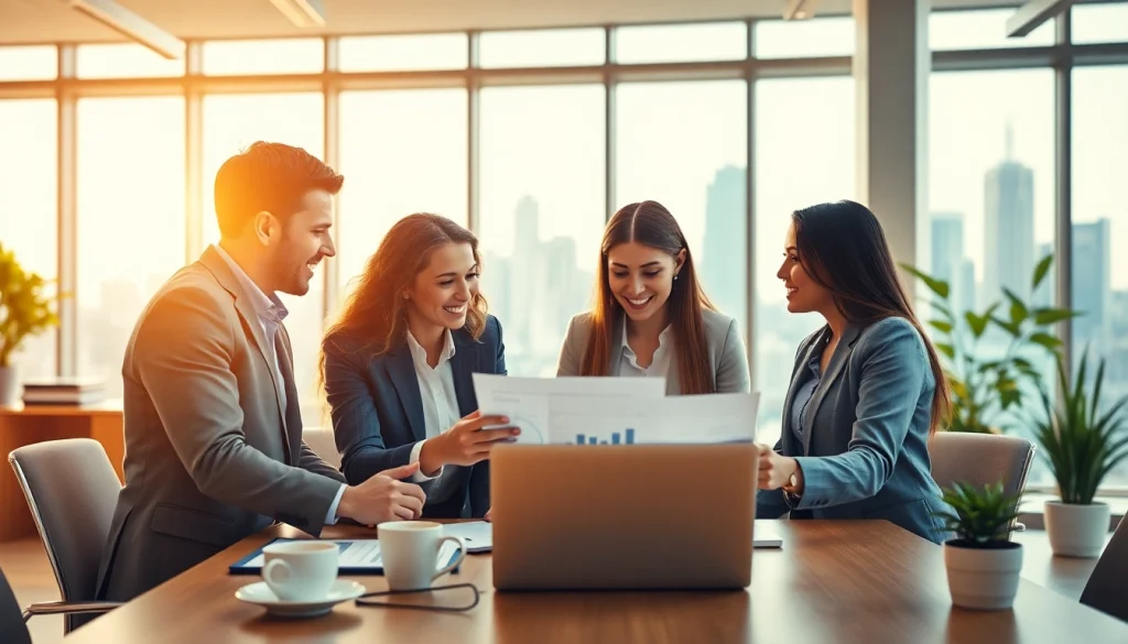 Engaged consultants at Quickplus Business Consultants discuss business strategies in a modern office setting.