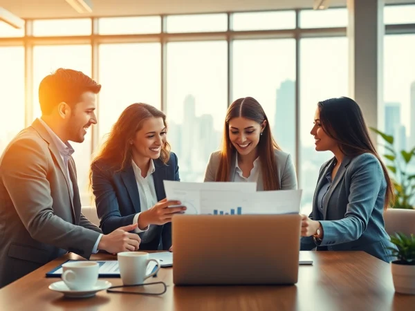 Engaged consultants at Quickplus Business Consultants discuss business strategies in a modern office setting.