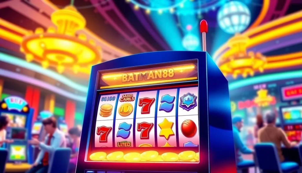 Permainan batman138 slot yang menampilkan mesin jackpot menarik dan simbol berkilau.