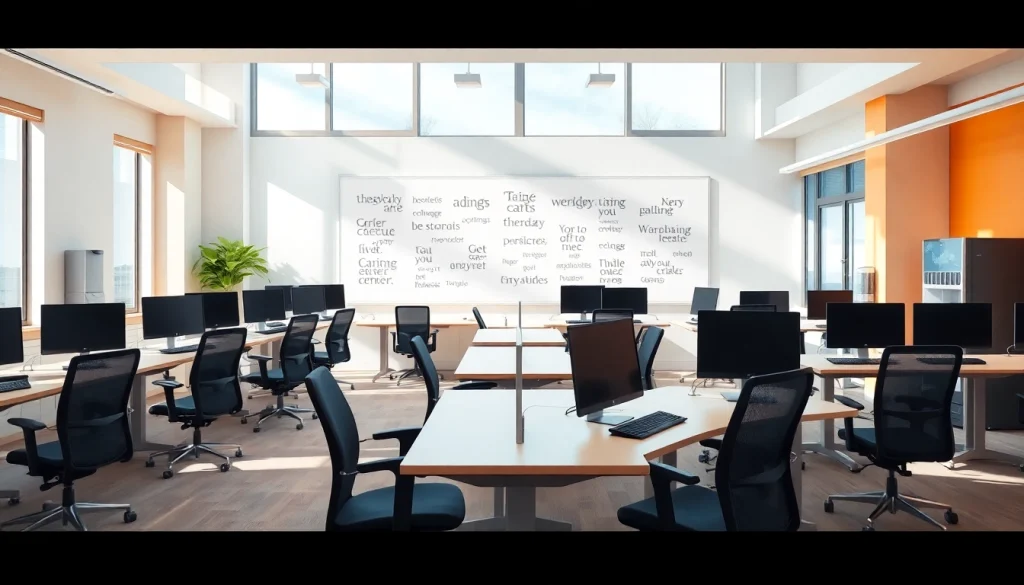 Boost productivity in a modern typing center showcasing ergonomic setups and motivational elements.