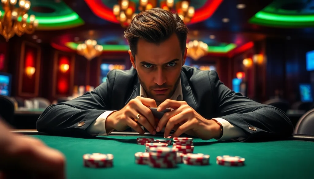 Gambler focused on the game of MM88 at a vibrant poker table in a casino.