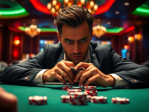 Gambler focused on the game of MM88 at a vibrant poker table in a casino.