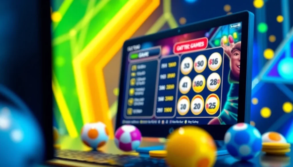 Menggambarkan pengalaman togel online yang menarik dengan interface interaktif dan bola lotere berwarna.