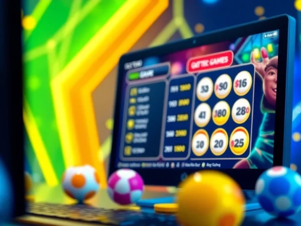 Menggambarkan pengalaman togel online yang menarik dengan interface interaktif dan bola lotere berwarna.