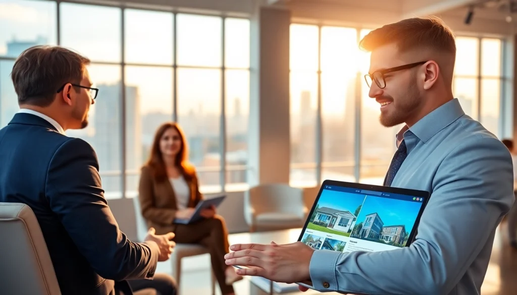 Showcasing real estate agent engaged with clients at a modern office, emphasizing collaboration.