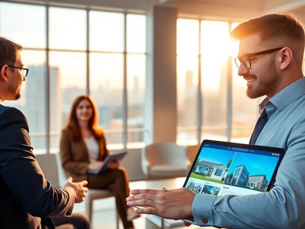 Showcasing real estate agent engaged with clients at a modern office, emphasizing collaboration.