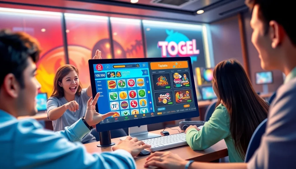 Menampilkan pengalaman togel online dengan antarmuka digital yang mengesankan dan pemain yang bersemangat.