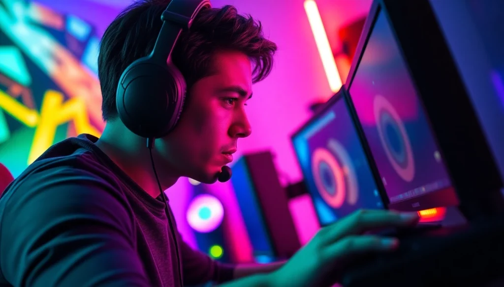 Menggambarkan permainan daftar lapak303 game yang seru oleh seorang gamer profesional dalam suasana yang intens.